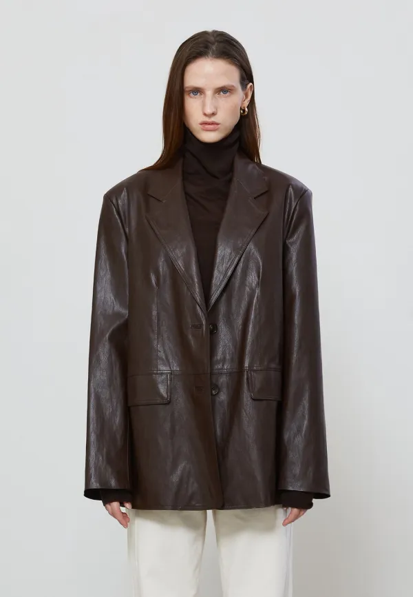 OVER FIT SINGLE LEATHER JACKET - BROWN