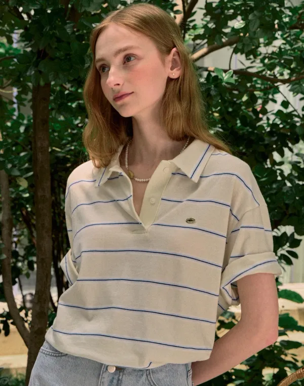 Multi Stripe Over-fit Collar T-shirt - Cream Yellow