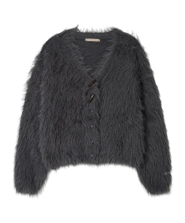 Posy Fur V Neck Cardigan-Charcoal