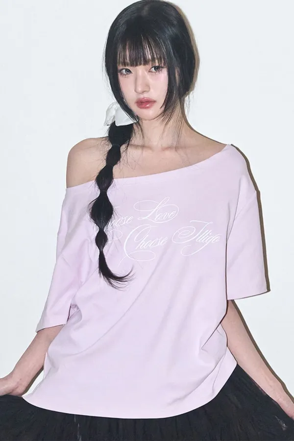 시어 리본 오프숄더 탑 핑크