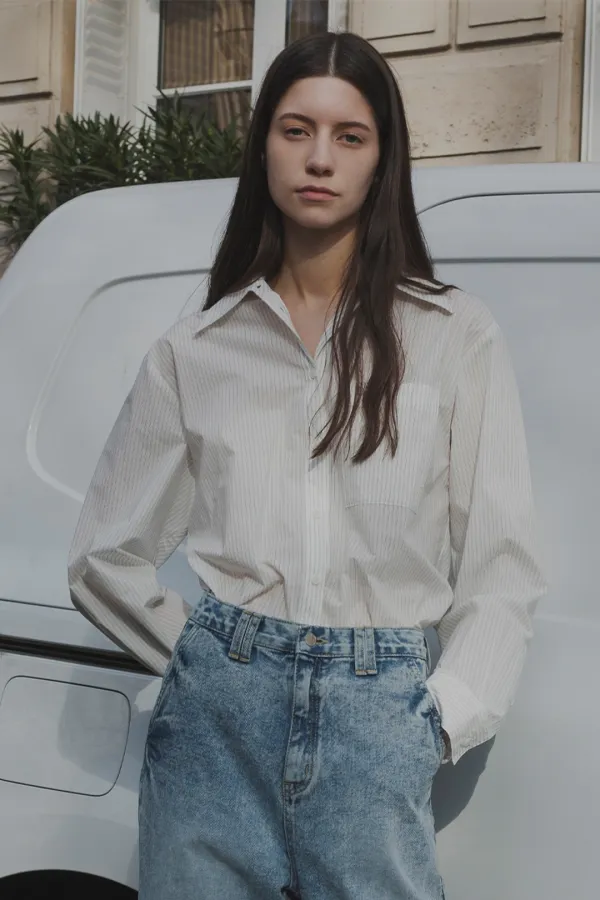 EMBROIDERED STRIPE POCKET SHIRT WHITE