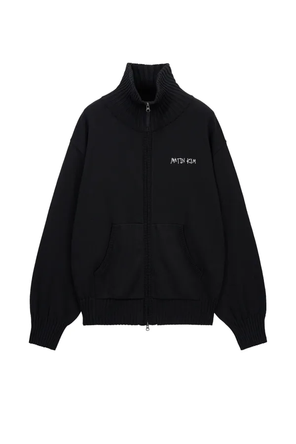 HIGH NECK EMBROIDERED LOGO ZIP UP FOR MEN IN BLACK