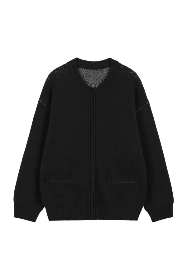 D JACQUARD LONG KNIT ZIP-UP IN BLACK