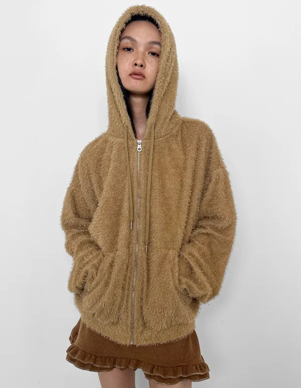 GLITTER FURRY ZIP-UP HOODIE, CAMEL