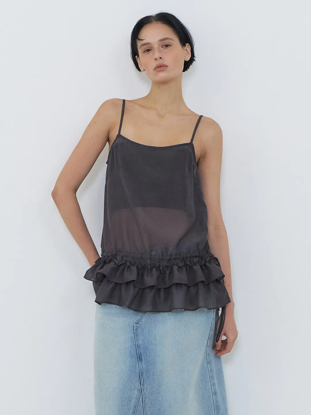 에트몽 Slip Frill Blouse, Ash Grey 상품 이미지 2