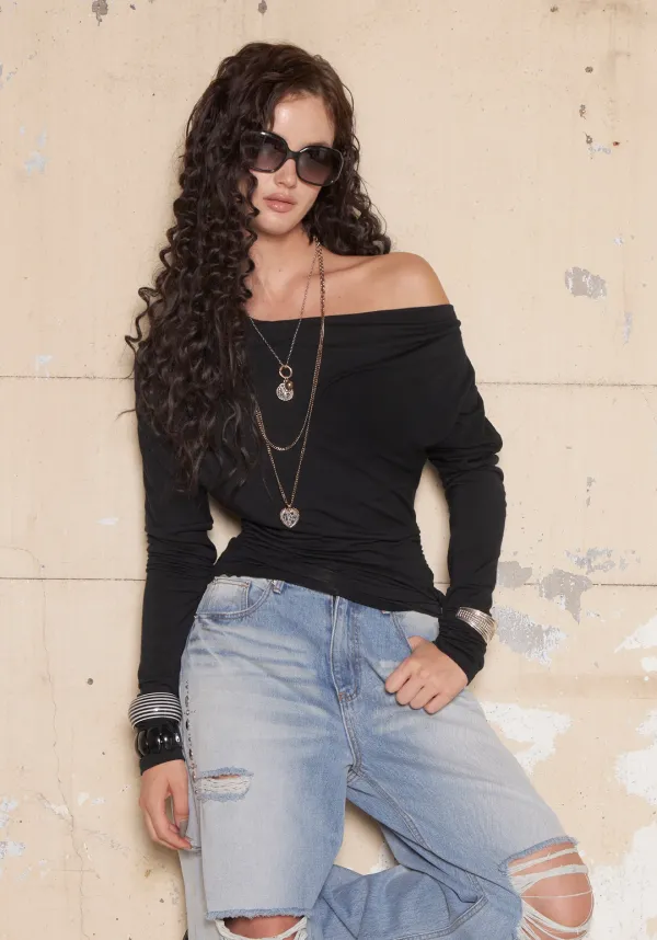 Drape Shoulder Top [Black]