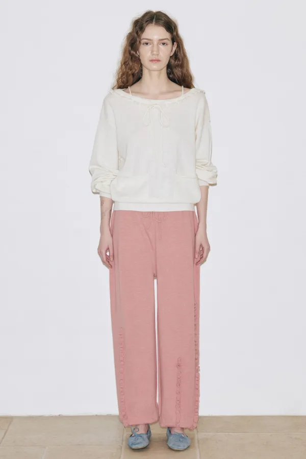 Ruffle Lace-Up Boatneck Knit (Ivory)