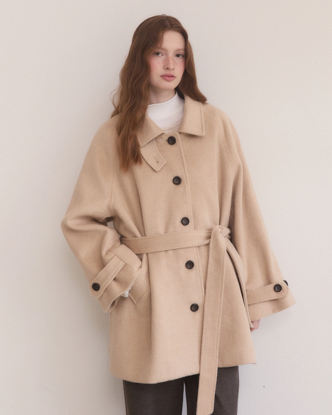 어다울 Handmade loose fit balmacaan half coat - beige 상품 이미지 1