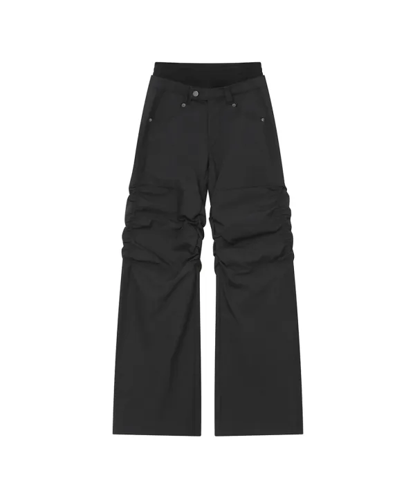 Ribbed layered shirring pants BLACK