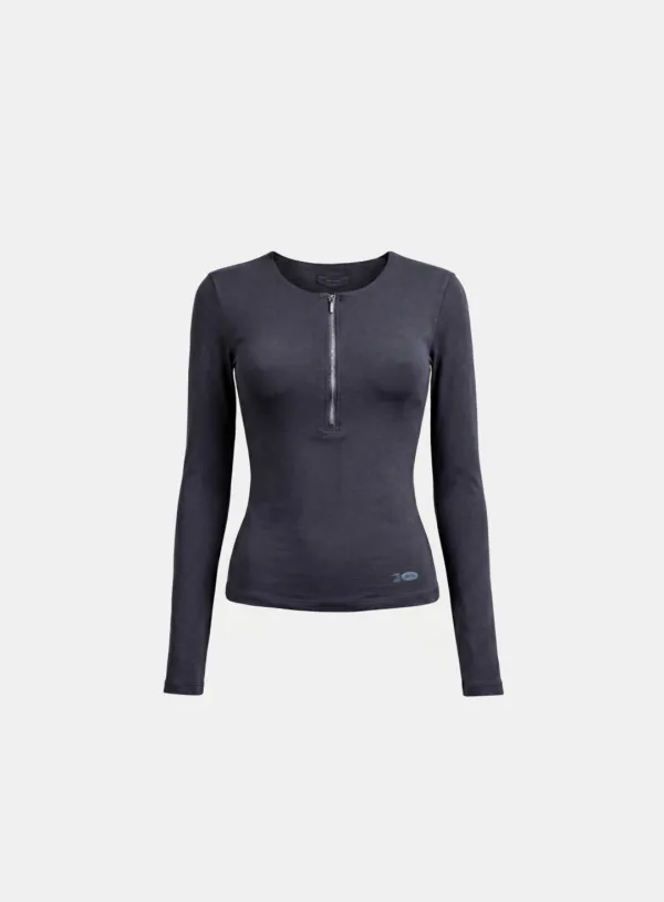 [w-tee26-077] Everyday Zip Henley Long Sleeve T-Shirt - Charcoal