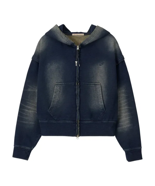Denim Washing Hood Zip Up-Blue