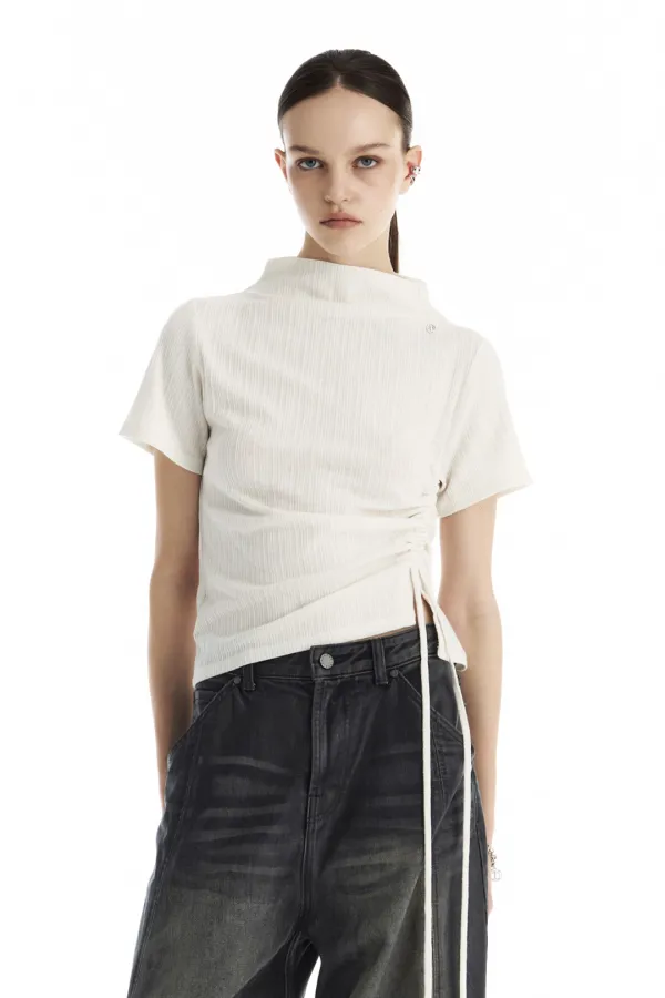 String Ribbed Mock Neck T-Shirt [ Ivory ]