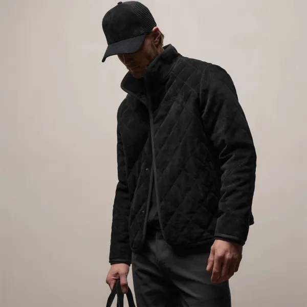 Quilted Suede Snap Front Jacket - Black