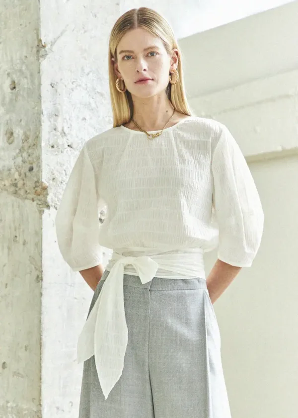 WAIST RIBBON TIE BLOUSE_WHITE