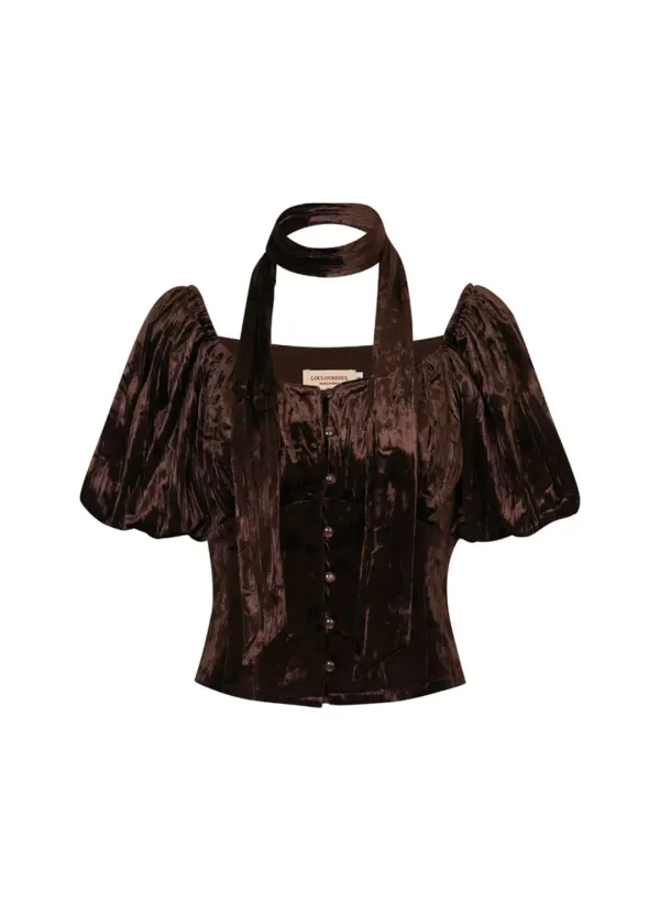 Velvet Tie Puff Blouse (Brown)