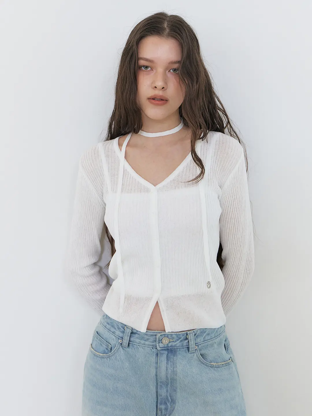 에트몽 Linen Scarf Knit Cardigan, White 상품 이미지 1