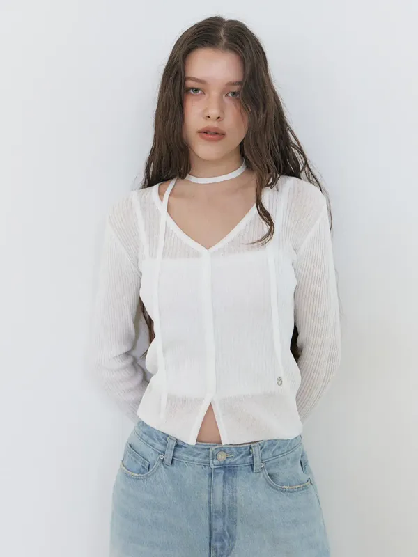 Linen Scarf Knit Cardigan, White