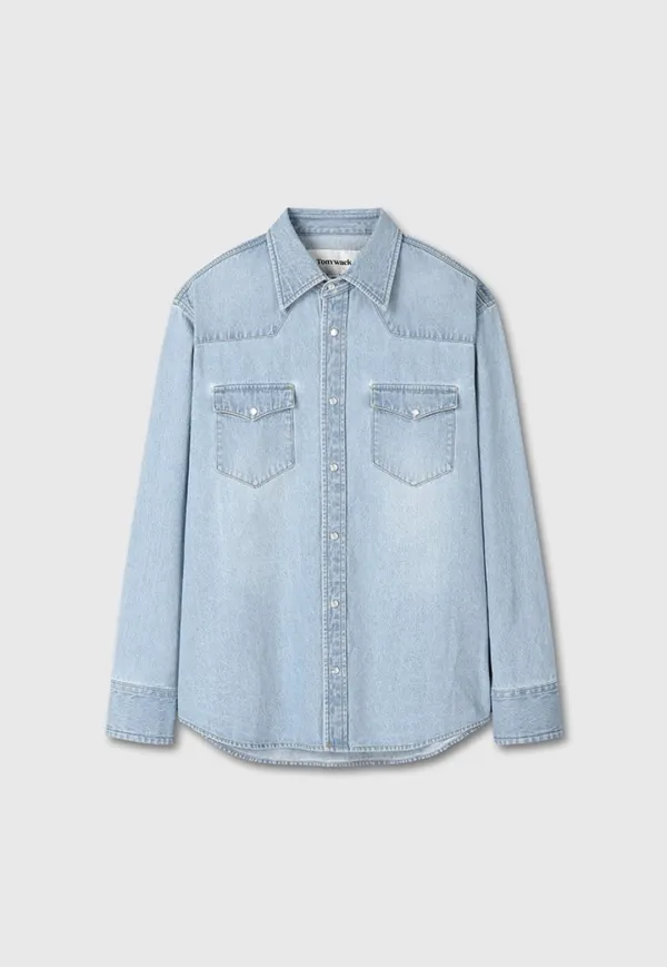 Washed Denim Western Shirt_ Washed Light Blue