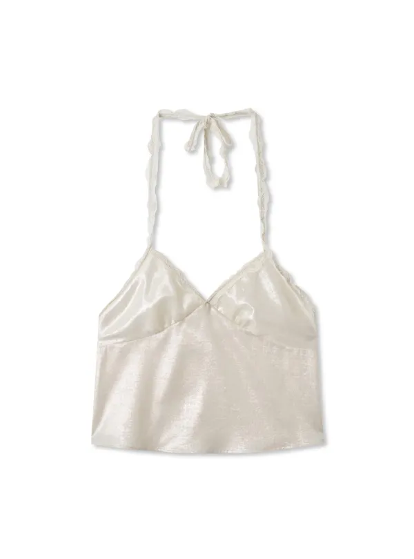 LACE TRIM HALTER BLOUSE (PEARL BEIGE)