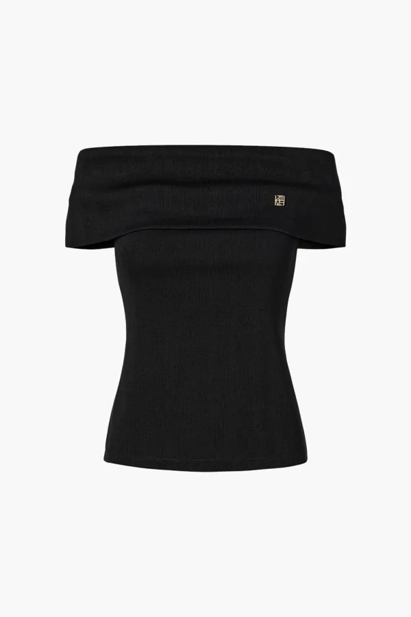Pointelle Off Shoulder Top, Black
