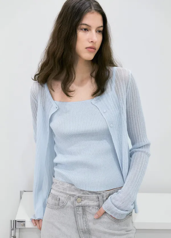 (CD-2262)COOL TOUCH SLIM RIBBED TOP&CARDIGAN SET