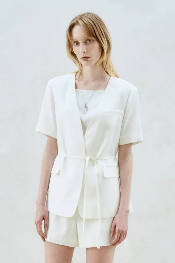 LINEN BLEND COLLARLESS JACKET