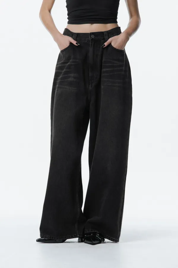 Side Washed Denim Pants [ Black ]