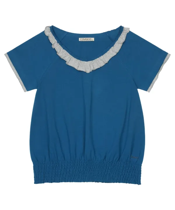RUFFLE V-NECK SMOCKED T-SHIRT BLUE
