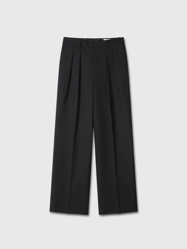 (W) WOOL DOUBLE-PLEATED WIDE TROUSERS_ BLACK