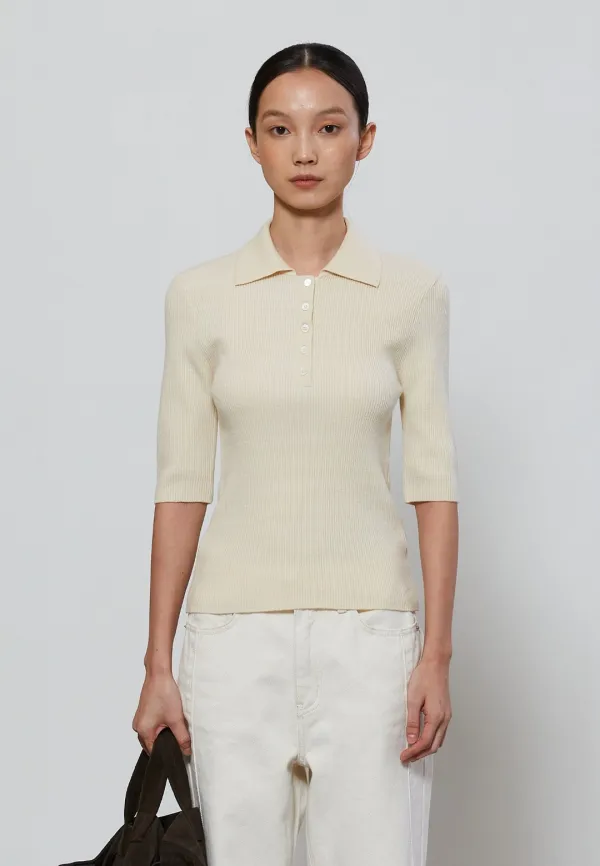 SLIM FIT RIBBED WOOL COLLAR KNIT - IVORY