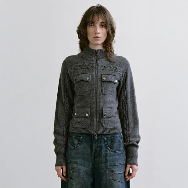 4-Pocket Knit Zip-up [ Gray ]
