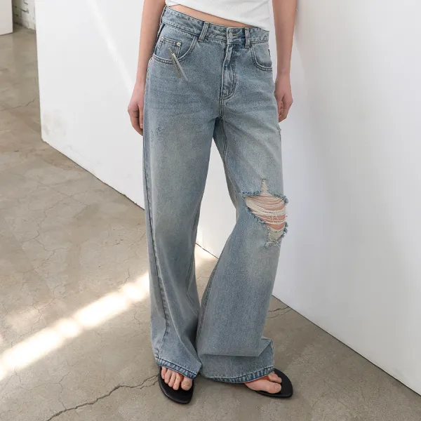 (PT-5793)DESTROYED WASHED WIDE DENIM