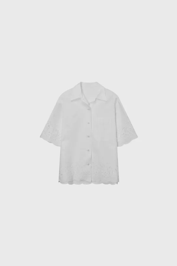 Paisley Eyelet Cotton Shirt (Ivory / White)