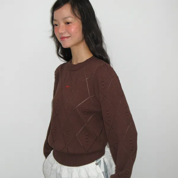 DIAMOND PATTERN LONG SLEEVE KNIT BROWN