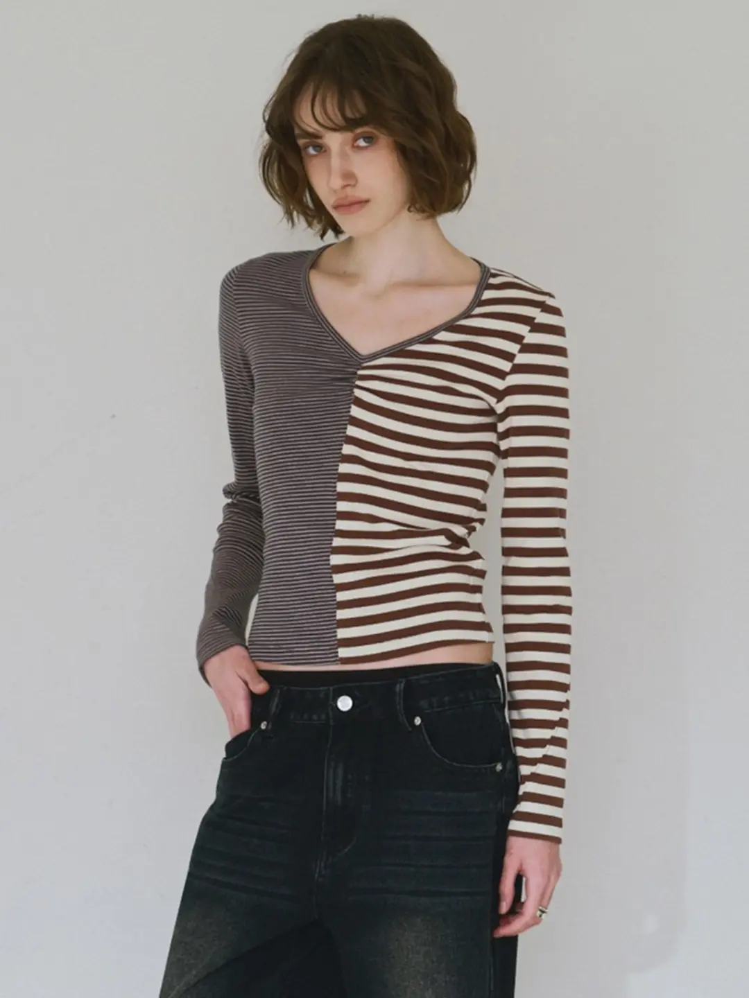 밀로 우먼 Mixed Pattern T-Shirt [Stripe Brown] 상품 이미지 2