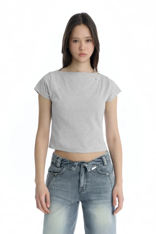 Boat Neck Slim Baby T-Shirt [ Melange Gray ]
