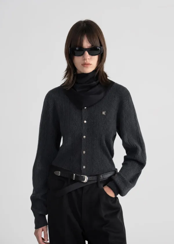 SNAP BUTTON RIBBED CARDIGAN - CHARCOAL