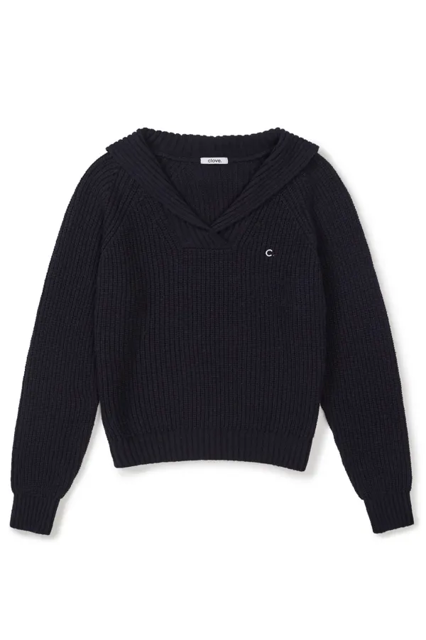 [25FW clove] Collared V-Neck Knit Sweater (Navy)