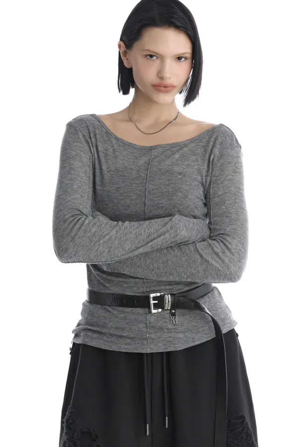 Essential Pintuck Long-Sleeve T-Shirts [ Melange Gray ]