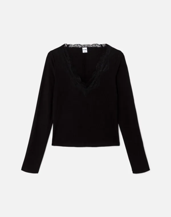 Lace V Neck Long Sleeve - Black