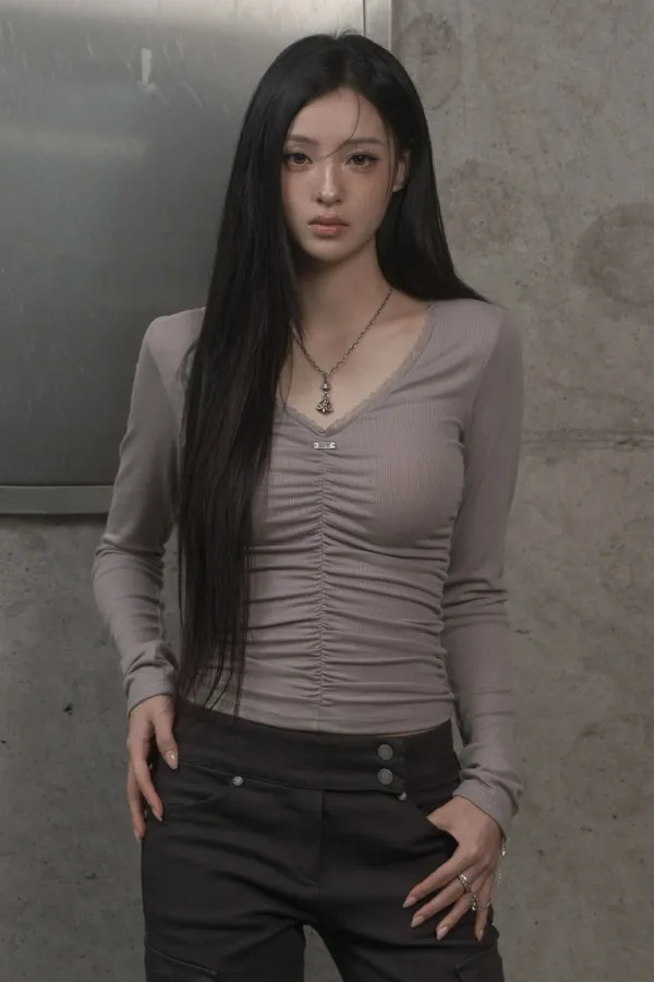 Lace Shirring Top (gray)