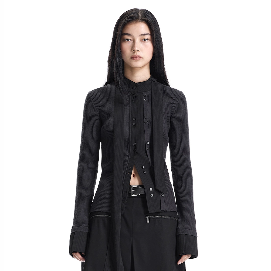 트리밍버드 Fabric-Combo Scarf Knit Cardigan [ Black ] 상품 이미지 1