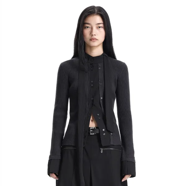 Fabric-Combo Scarf Knit Cardigan [ Black ]