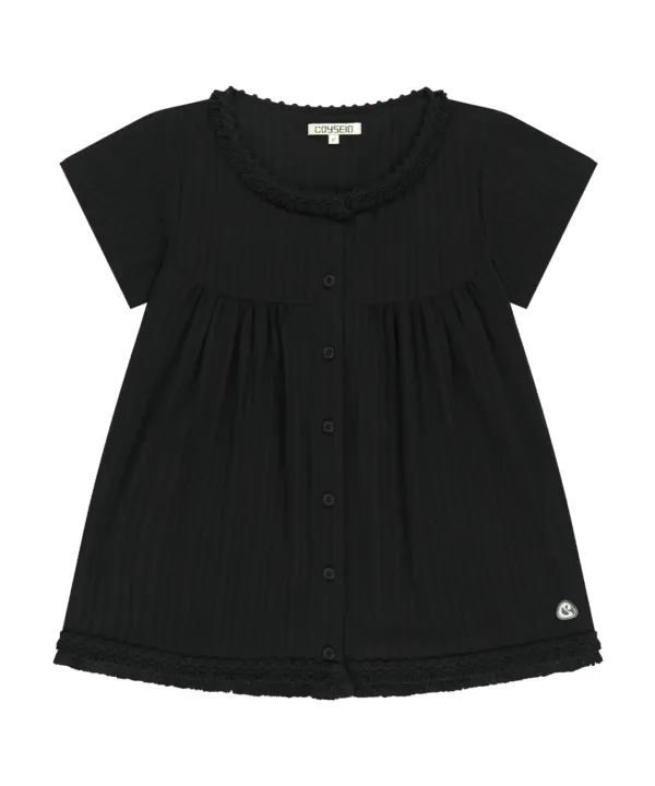 FRINGE SHIRRING BLOUSE BLACK