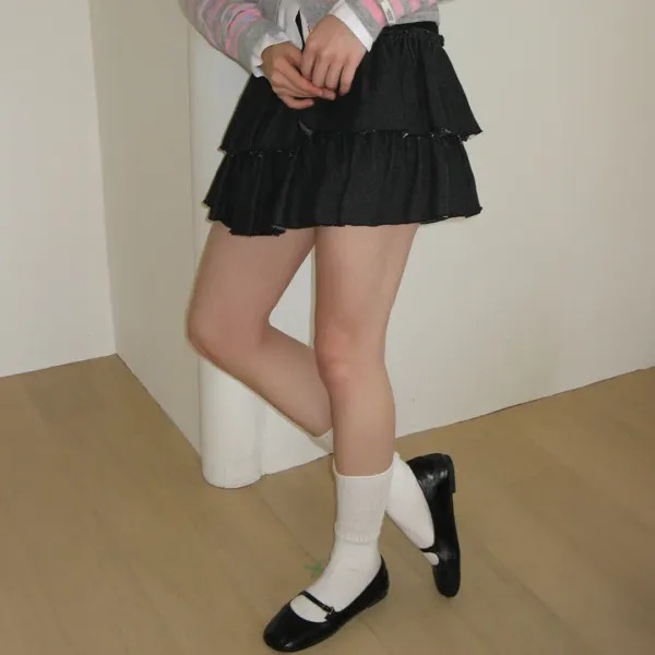 CANCAN RUFFLE BANDING DENIM PANTSKIRT BLACK
