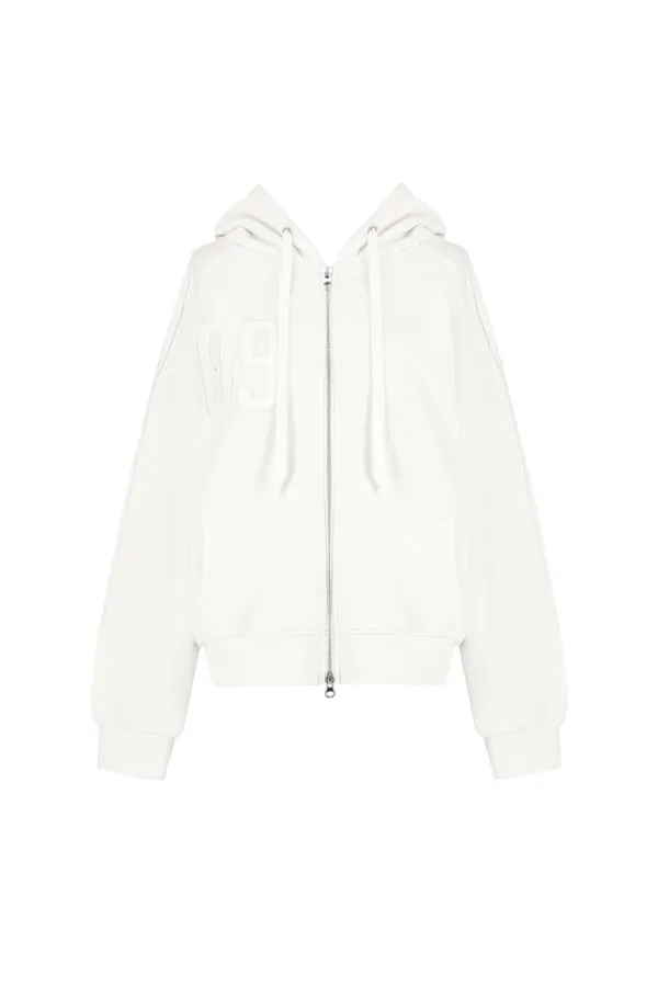 09 Numbering hooded zip-up, White