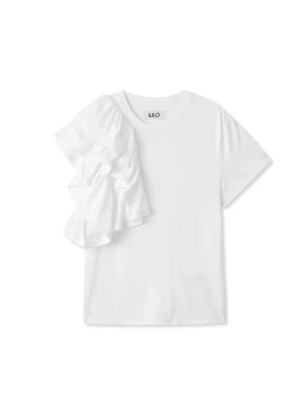 ASYMMETRIC RUFFLED T-SHIRT (WHITE)