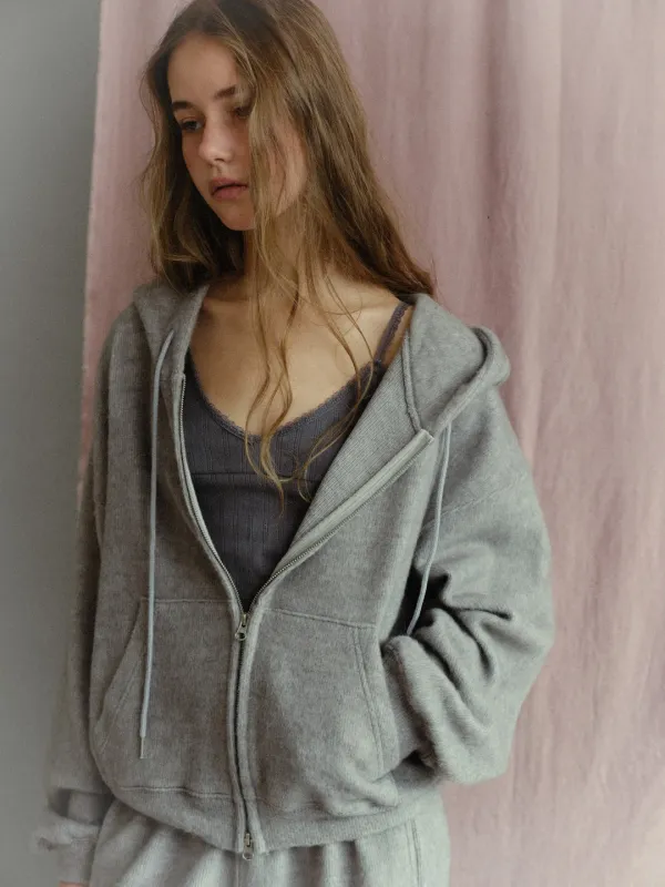 (3ND) Fluffy Shaggy Hoodie Zip-Up (oat melange)