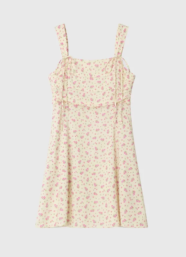 Flower pattern shirring mini dress - cream