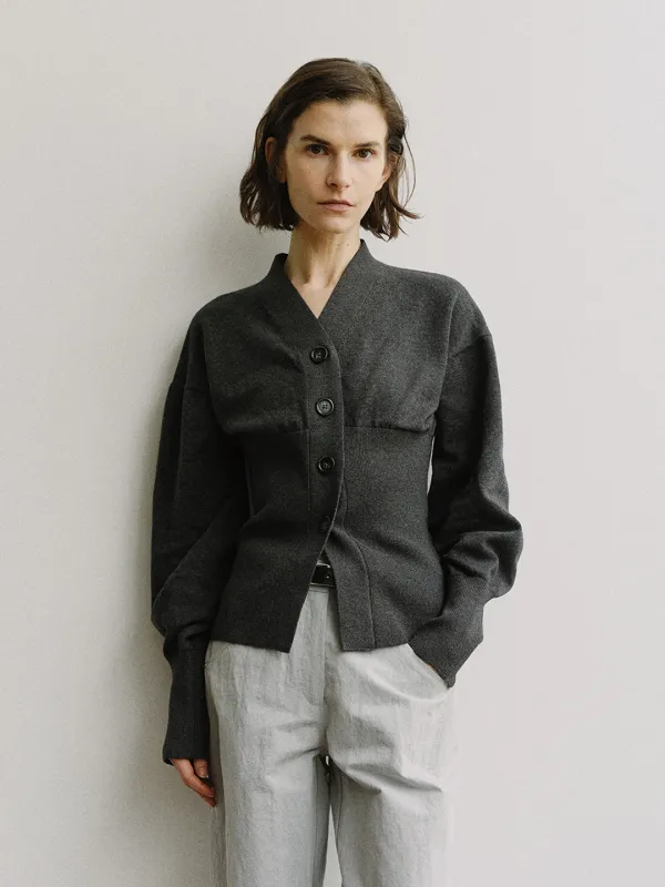 TIS COTTON CASHMERE V-NECK KNIT CARDIGAN_CHARCOAL
